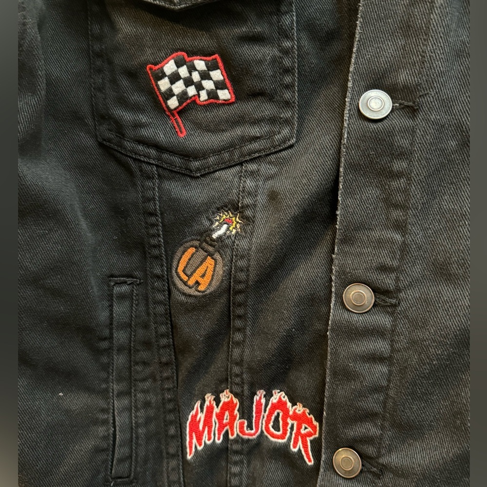 Distressed Denim Patchwork Jean Jacket Small Unis… - image 7